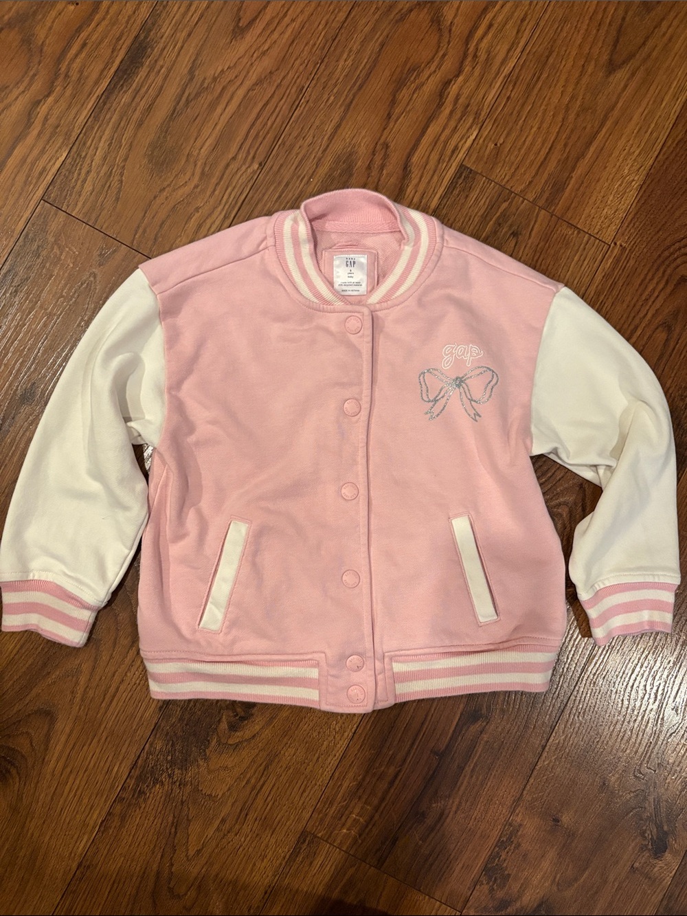 GAP Pink and White Girls Varsity Jacket with Bow Embroidery